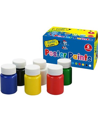 Bantex School Poster Paints (6 x 60ml Colours) - Yellow, Red, Blue, Black, White, Green